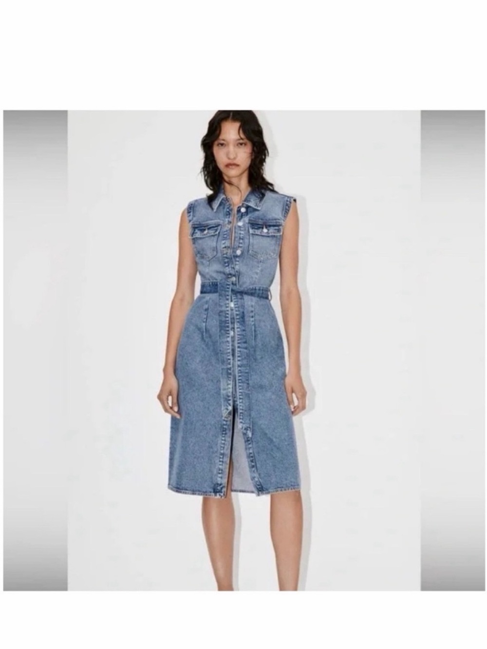 Zara Sleeveless Light Blue Denim Midi Dress